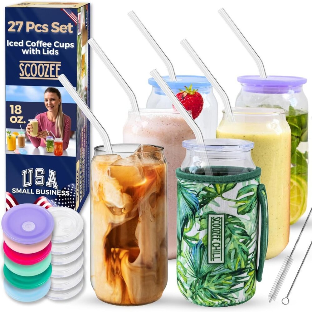 Glass Cups with Acrylic Lids & Glass Straws [ 27 Pcs - 18 Oz], Beer Glasses, Whi